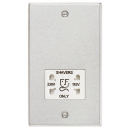 Knightsbridge  2-Gang Dual Voltage Shaver Socket 115 V / 230V Brushed Chrome with White Inserts