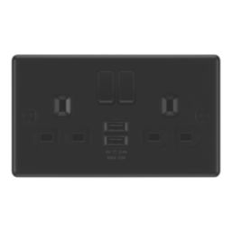 LAP  13A 2-Gang SP Switched Socket + 2.4A 12W 2-Outlet Type A USB Charger Matt Black with Black Inserts