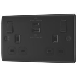 British General Nexus Metal 13A 2-Gang SP Switched Socket + 3A 45W 2-Outlet Type A & C USB Charger Matt Black with Black Inserts