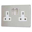 Contactum Lyric 13A 2-Gang DP Switched Socket Outlet Brushed Steel  with White Inserts