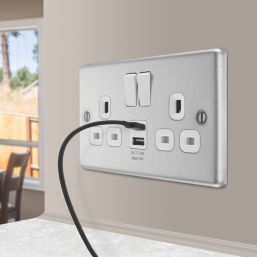 LAP  13A 2-Gang SP Switched Socket + 2.4A 12W 2-Outlet Type A & C USB Charger Brushed Steel with White Inserts