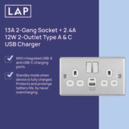 LAP  13A 2-Gang SP Switched Socket + 2.4A 12W 2-Outlet Type A & C USB Charger Brushed Steel with White Inserts