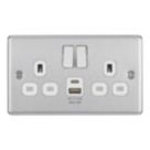 LAP  13A 2-Gang SP Switched Socket + 2.4A 12W 2-Outlet Type A & C USB Charger Brushed Steel with White Inserts