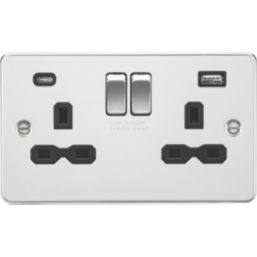 Knightsbridge  13A 2-Gang SP Switched Socket + 4.0A 20W 2-Outlet Type A & C USB Charger Polished Chrome with Black Inserts