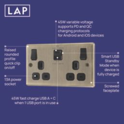 LAP  13A 2-Gang SP Switched Socket + 3A 45W 2-Outlet Type A & C USB Charger Antique Brass with Black Inserts