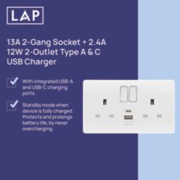 LAP  13A 2-Gang SP Switched Socket + 2.4A 12W 2-Outlet Type A & C USB Charger White