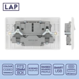 LAP  13A 2-Gang SP Switched Socket + 2.4A 12W 2-Outlet Type A & C USB Charger White