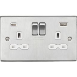 Knightsbridge  13A 2-Gang SP Switched Socket + 4.0A 20W 2-Outlet Type A & C USB Charger Brushed Chrome with White Inserts