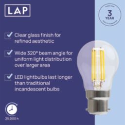 LAP  B22 Mini Globe LED Light Bulb Clear 470lm 2.9W 4 Pack