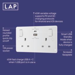 LAP  13A 2-Gang SP Switched Socket + 3A 45W 2-Outlet Type A & C USB Charger White