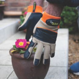 ClipGlove Leather Palm   Goatskin Leather Gardening Gloves Navy / Cream Large