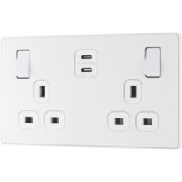 British General Evolve 13A 2-Gang SP Switched Socket + 3.25A 22W 2-Outlet Type C USB Charger Pearlescent White with White Inserts