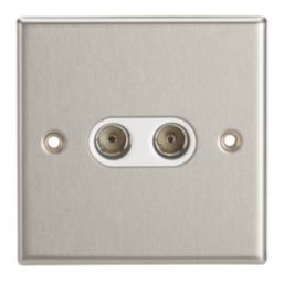 Contactum iConic 2-Gang Female Coaxial TV Socket Brushed Steel with White Inserts
