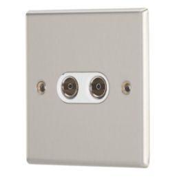Contactum iConic 2-Gang Female Coaxial TV Socket Brushed Steel with White Inserts
