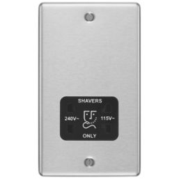 LAP  2-Gang Dual Voltage Shaver Socket 115 / 230V Brushed Stainless Steel with Black Inserts