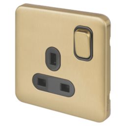 Schneider Electric Lisse Deco 13A 1-Gang SP Switched Plug Socket Satin Brass  with Black Inserts