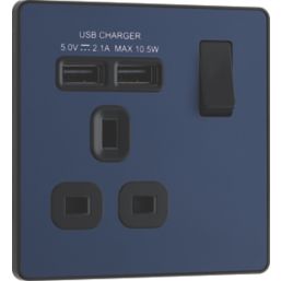 British General Evolve 13A 1-Gang SP Switched Socket + 2.1A 10.5W 2-Outlet Type A USB Charger Blue with Black Inserts