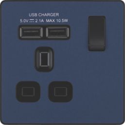 British General Evolve 13A 1-Gang SP Switched Socket + 2.1A 10.5W 2-Outlet Type A USB Charger Blue with Black Inserts