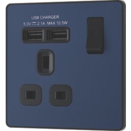 British General Evolve 13A 1-Gang SP Switched Socket + 2.1A 10.5W 2-Outlet Type A USB Charger Blue with Black Inserts