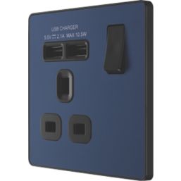 British General Evolve 13A 1-Gang SP Switched Socket + 2.1A 10.5W 2-Outlet Type A USB Charger Blue with Black Inserts