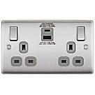 British General Nexus Metal 13A 2-Gang SP Switched Socket + 3A 2-Outlet Type A & C USB Charger Brushed Steel with Graphite Inserts