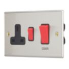 Contactum iConic 45A 2-Gang DP Cooker Switch & 13A DP Switched Socket Brushed Steel  with Black Inserts