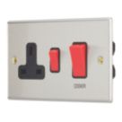 Contactum iConic 45A 2-Gang DP Cooker Switch & 13A DP Switched Socket Brushed Steel  with Black Inserts