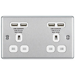LAP  13A 2-Gang Unswitched Socket + 4.2A 10.5W 4-Outlet Type A USB Charger Brushed Stainless Steel with White Inserts