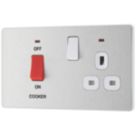 British General Evolve 45A 2-Gang 2-Pole Cooker Switch & 13A DP Switched Socket Brushed Steel with LED with White Inserts