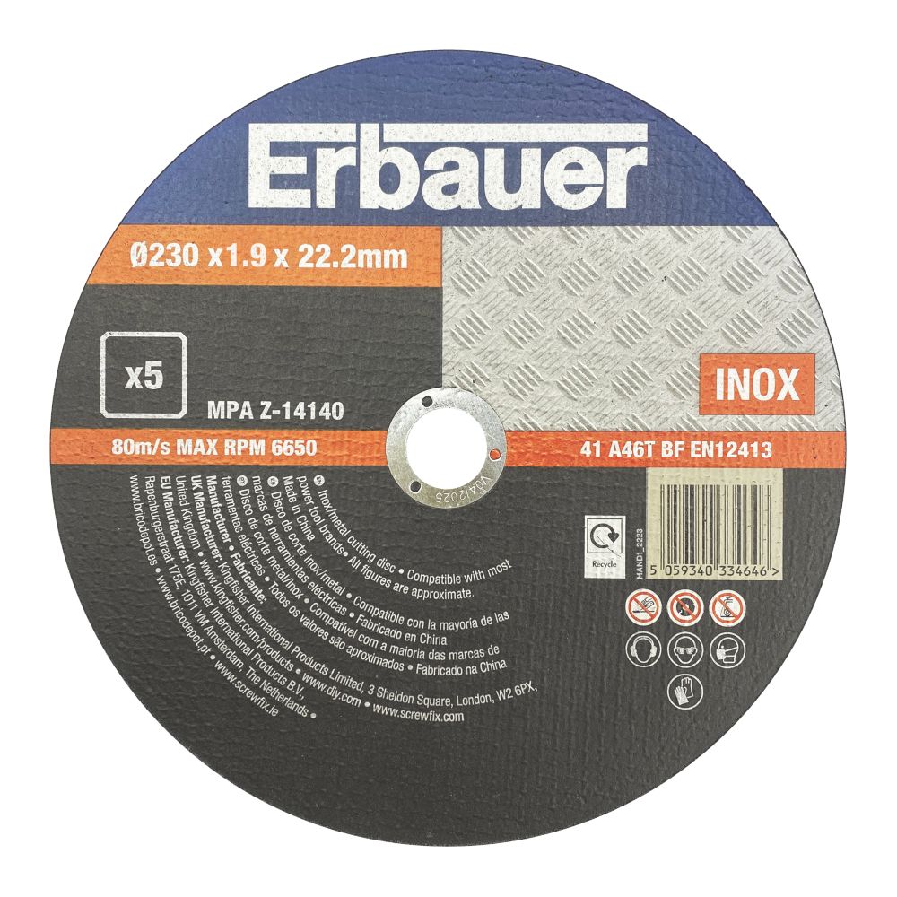 Erbauer Metal Cutting Discs 9" (230mm) x 1.9mm x 22.2mm 5 Pack Screwfix