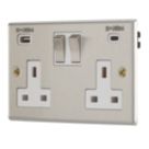 Contactum iConic 13A 2-Gang DP Switched Socket + 4.8A 24W 2-Outlet Type A & C USB Charger Brushed Stainless Steel with White Inserts