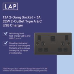 LAP  13A 2-Gang SP Switched Socket + 3A 22W 2-Outlet Type A & C USB Charger Black Nickel with Black Inserts