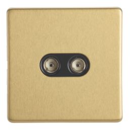 Contactum Lyric 2-Gang Female Coaxial TV Socket Brushed Brass with Black Inserts