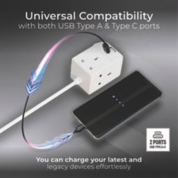 Masterplug 13A 3-Gang Unswitched  Extension Lead + 2.1A 2-Outlet Type A & C USB Charger White 2m