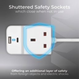 Masterplug 13A 3-Gang Unswitched  Extension Lead + 2.1A 2-Outlet Type A & C USB Charger White 2m