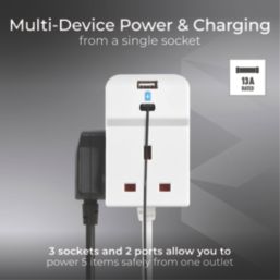 Masterplug 13A 3-Gang Unswitched  Extension Lead + 2.1A 2-Outlet Type A & C USB Charger White 2m