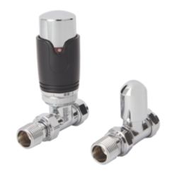 Flomasta  1/2" x 15mm Black/Chrome Straight & L/S Modern Thermostatic Radiator Valve & Lockshield