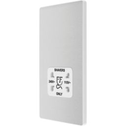 British General Evolve 2-Gang Dual Voltage Shaver Socket 115/240V Brushed Steel with White Inserts