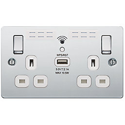 LAP  13A 2-Gang SP Switched Wi-Fi Extender Socket + 2.1A 1-Outlet Type A USB Charger Polished Chrome with White Inserts