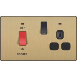 British General Evolve 45A 2-Gang 2-Pole Cooker Switch & 13A DP Switched Socket Satin Brass with LED with Black Inserts