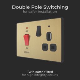 British General Evolve 45A 2-Gang 2-Pole Cooker Switch & 13A DP Switched Socket Satin Brass with LED with Black Inserts