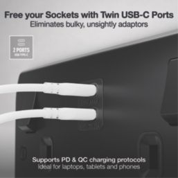 British General Nexus Metal 13A 2-Gang SP Switched Socket + 3.25A 65W 2-Outlet Type C USB Charger Matt Black with Black Inserts