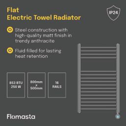 Flomasta 800mm x 500mm 853BTU Anthracite Flat Electric Towel Radiator