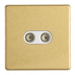Contactum Lyric 2-Gang Female Coaxial TV Socket Brushed Brass with White Inserts