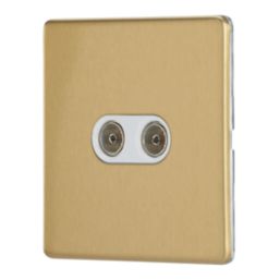 Contactum Lyric 2-Gang Female Coaxial TV Socket Brushed Brass with White Inserts