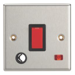 Contactum iConic 32A 1-Gang DP Control Switch & Flex Outlet Brushed Steel with Neon with Black Inserts