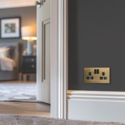 British General Evolve 13A 2-Gang SP Switched Socket Satin Brass  with Black Inserts