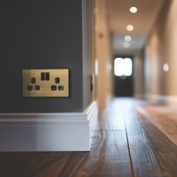 British General Evolve 13A 2-Gang SP Switched Socket Satin Brass  with Black Inserts