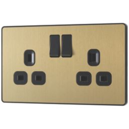 British General Evolve 13A 2-Gang SP Switched Socket Satin Brass  with Black Inserts