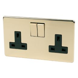 Crabtree Platinum 13A 2-Gang DP Switched Plug Socket Polished Brass  with Black Inserts